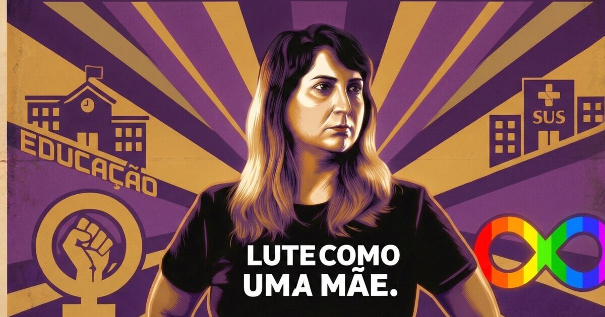 Arte com Professora Amábile Marchi no Dia Internacional das Mulheres, com símbolo do infinito da neurodiversidade, escola pública e SUS ao fundo, e a frase 'Lute como uma mãe'