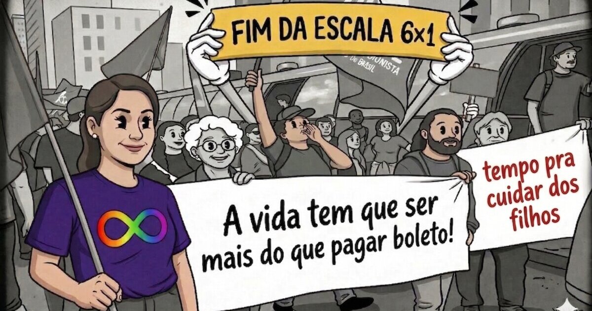 Arte sobre o fim da escala 6x1 - Trabalhador exausto com a frase 'O fim da exaustão é o começo do futuro'