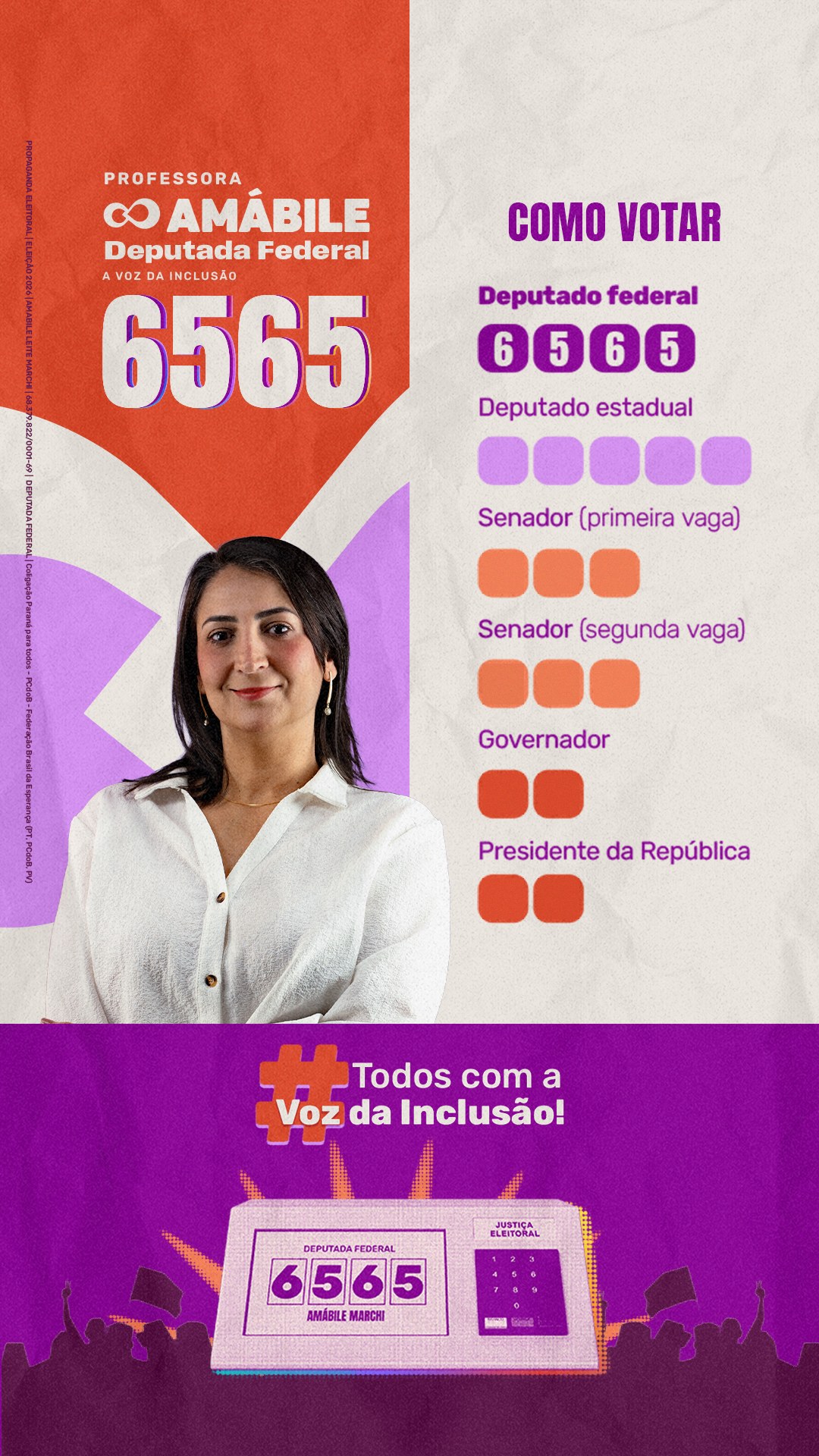 Santinho virtual da Professora Amábile 6565, com o 6565 preenchido e as casinhas dos outros cargos em aberto